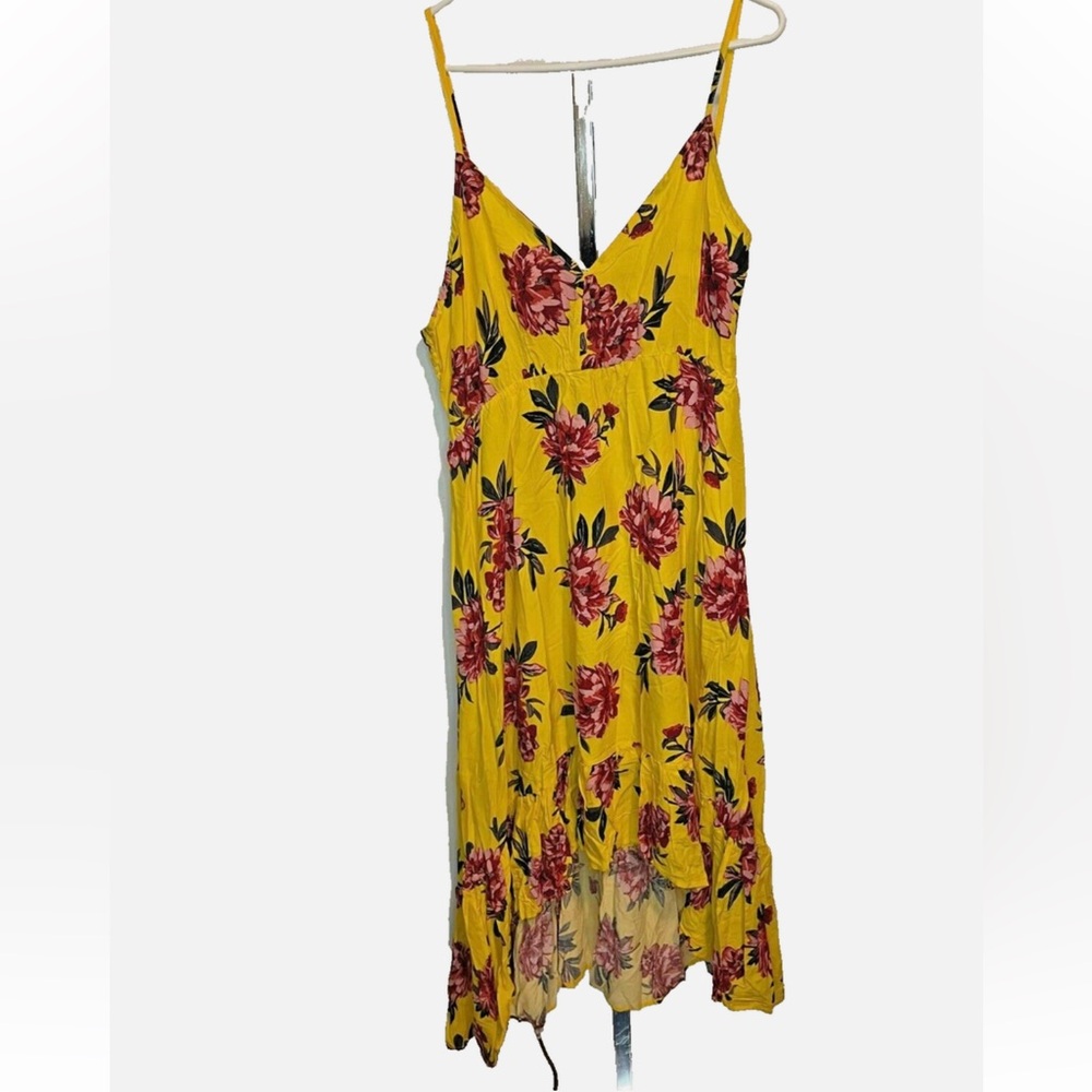 💚10 Pacific Vibes Yellow Floral Sundress Dress Women's Asymmetrical Hem NWT